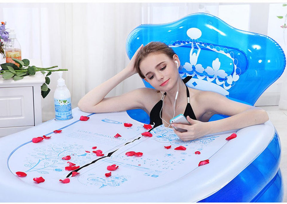 Bañera Hinchable Plegable SPA Adulto Bañera Independiente De Pie Espesar Hogar Con Respaldo De Bomba De Aire Eléctrico Azul/Rosa,Blue